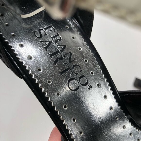 Franco SARTO Shiny Black Silver Patent Leather T-Strap Colorblock Sandal Heels - Picture 5 of 13